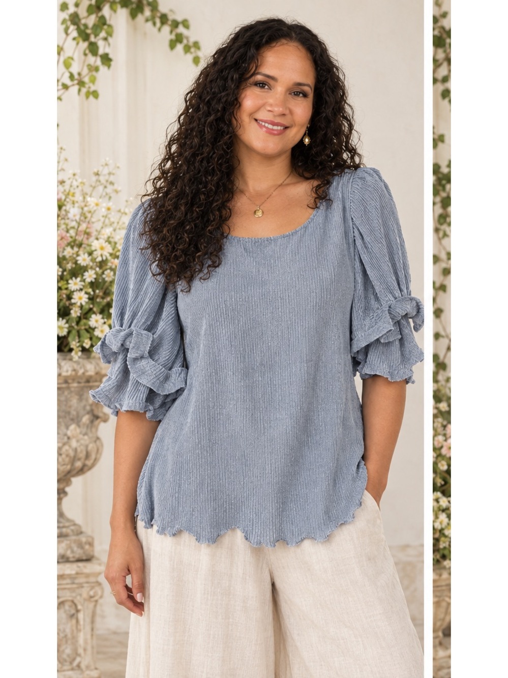 Dusty Blue Old Money Plissé Ribbed Puff Chiffon Romantic Feminine Top Large